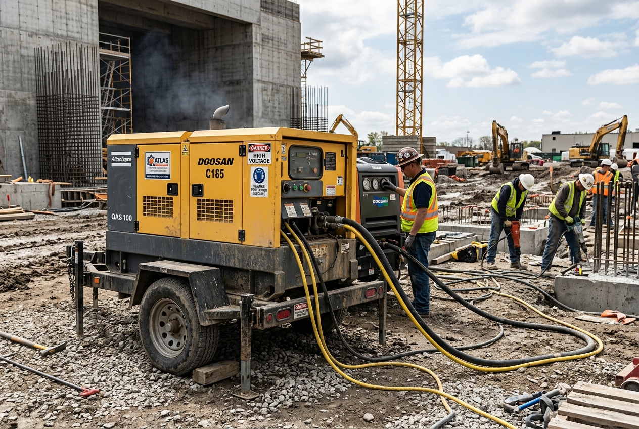 Portable generator and compressor unit on a job site