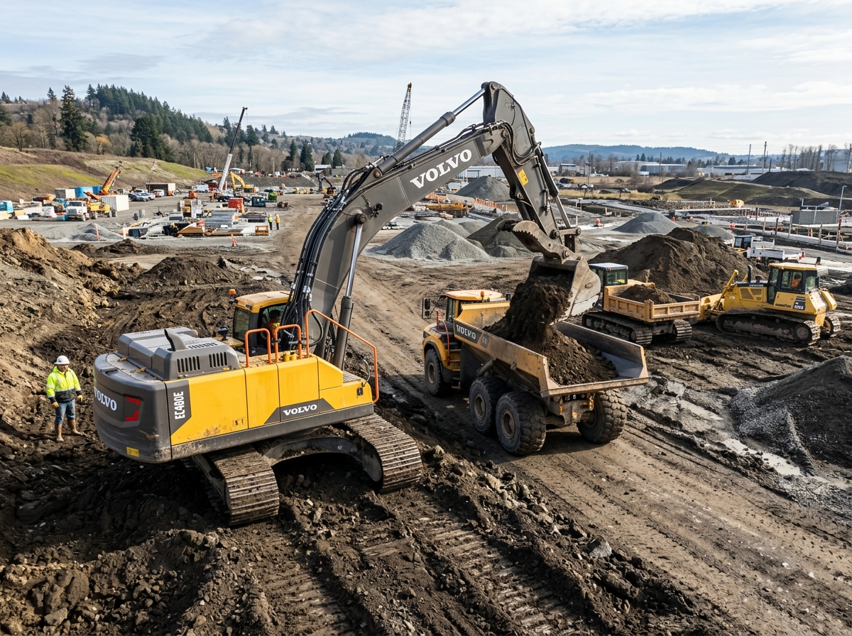 Excavator loading a dump truck on a construction site