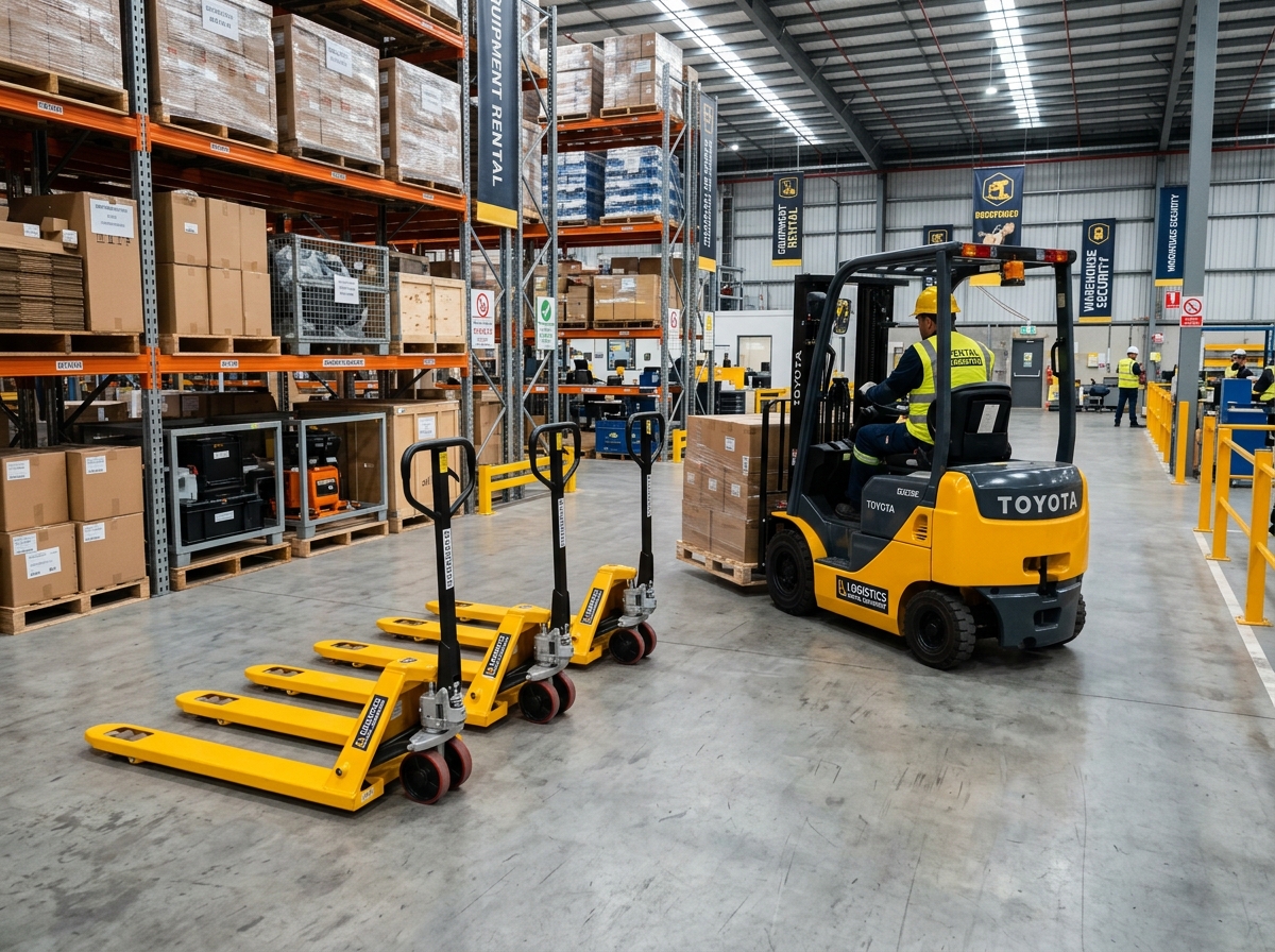 Forklift and pallet jacks in a rental equipment warehouse